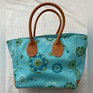 J Jill Floral Blue and Brown Canvas Tote Bag with Genuine Leather Brand new NWOT